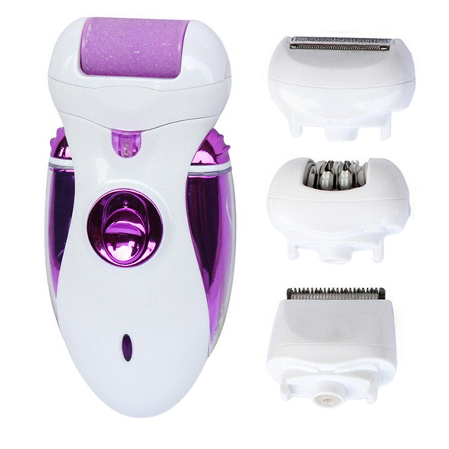 4 in 1 Women Rechargeable Interchangeable Heads Armpit Body Arm Leg Electric Epilator Hair Removal Shaver Callus Remover Purple US Plug