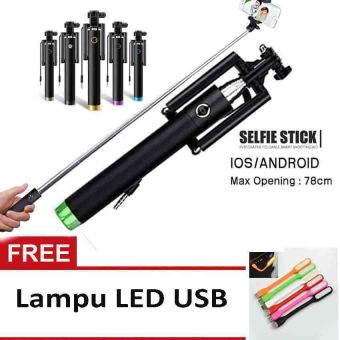 Tongsis Monopod Kabel Selfie Stick Hijau Lampu LED USB .