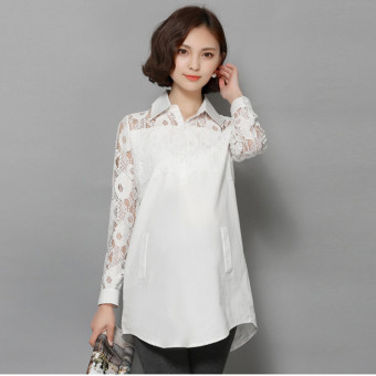 1669# Lace Patchwork White Maternity Shirts Spring Autumn Blouses Clothes for Pregnant Women Plus Size Formal Pregnancy Clothing-White - intl  