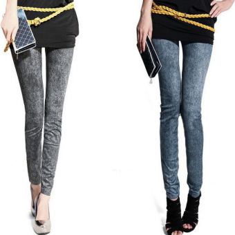 2 Pairs Korean Style for Lady 40-75Kg As Denim Render Elastic Jeggings Pants(Color:Black+Blue) - intl  
