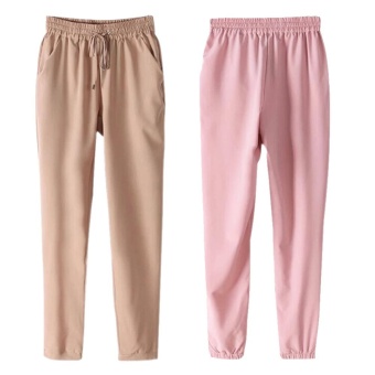 2 pcs Women's Elastic Waist Casual Jogger Harem Pants Trousers Pink and Khaki Size L - intl  