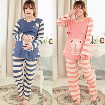 2 Piece Set Knitted Cotton Pregnant woman pajamas breast-feeding clothes BLUE - intl  
