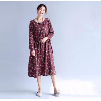 2016 autumn and winter women's new national wind print small floral large size elastic waist shorts wild long-sleeved dress?Red wine? - intl  