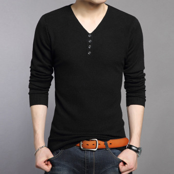 2016 Autumn Men's Solid Color V-neck Long-sleeved Slim Knitwear Sweaters (Black) - Intl  