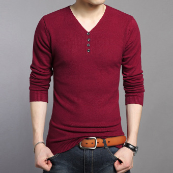 2016 Autumn Men's Solid Color V-neck Long-sleeved Slim Knitwear Sweaters (Wine red) - Intl  
