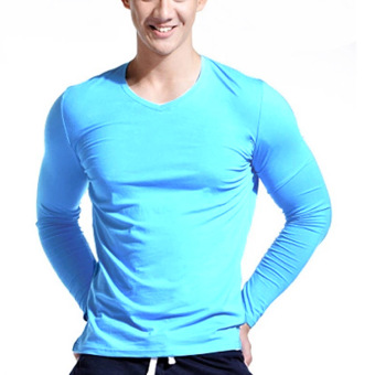 2016 Autumn New Men's Solid Color Slim V-neck Long-sleeved T-shirt (Sky Blue) - Intl  