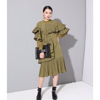 2016 autumn paragraph Women's European style stereo pleated chiffon sleeve long-sleeved dress stitching ?ArmyGreen? - intl  