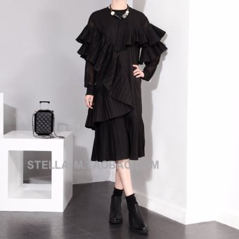 2016 autumn paragraph Women's European style stereo pleated chiffon sleeve long-sleeved dress stitching ?black? - intl  