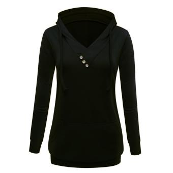2016 Autumn Women Fashion Apparel Hoodies Sweater Fashion Buttons Solid Color V-neck Hooded Long Paragraph (Black) - intl  