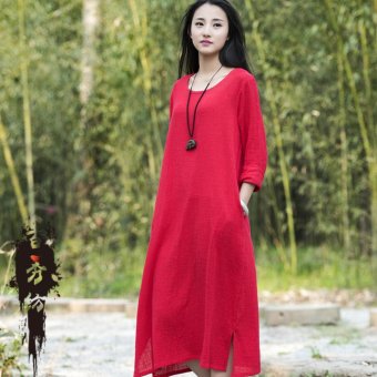 2016 Autumn Women Maxi Dress New Simple Cotton Long-sleeved Gown Dress One Size (Red) - intl  