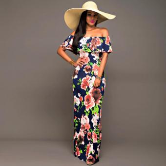 2016 Boho Fashion Sexy Bodycon Long Summer Dresses Off The Shoulder Strapless Flower Print Backless Elegant Party Maxi Dress?Dark blue? - intl  