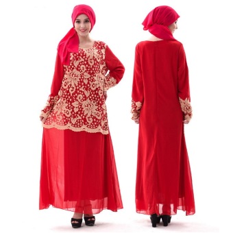 2016 New Muslims Hollow Robes Lace Tunics Maxi Dress Casual, Red  