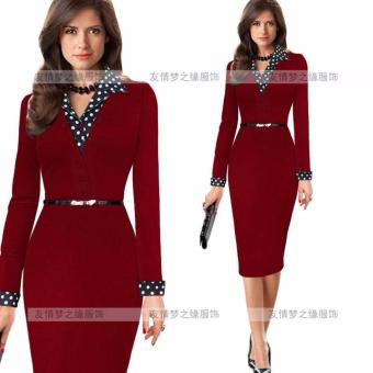 2016 New Spring and Autumn Women OL V Neck Dress Long Sleeve Dot Print Elegant Slim Dress?Red wine? - intl  