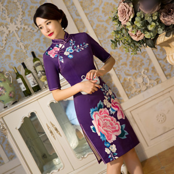 2016 New Winter Woolen Printing Improved Cheongsam Dress Warm Slim (Purple-120) - intl  