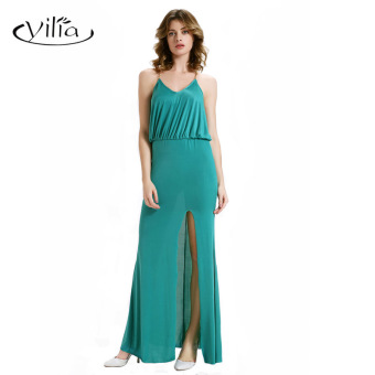 2016 New Women Casual Summer Long Dress Solid Green Slit Maxi Sexy Party Backless Elastic Cami Dresses - intl  