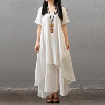 2016 Sexy Women Casual Short Sleeve Cotton Linen Dresses Long Maxi Vestidos Plus Size S-5XL Fashion Summer Dress White - intl  