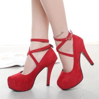 2016 Spring Autumn Women Shoes Cross Buckle High Heeled Shoes Waterproof Fashion Shoes (Red) - intl  
