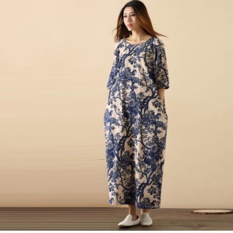 2016 Summer Dress Plus Size Women Dress Loose Casual Dresses Vintage Printed Linen Dress Party Dresses?Blue and white printing? - intl  