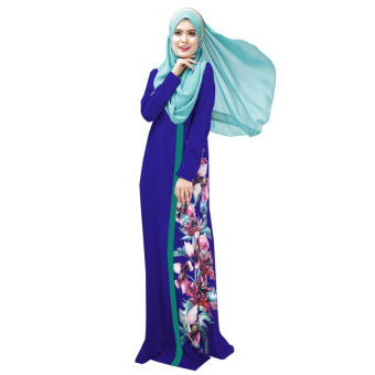 2016 Summer New Fashion Women Arabia Robe Casual Digital Printing Muslim Dress (Blue) - intl  