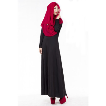 2016 Summer New Women Long Sleeve Loose Casual O-neck Patchwork Muslim Dress (Black)  