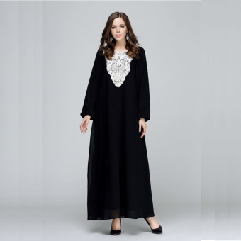 2016 Summer New Women Long Sleeve Loose Casual Pearl Chiffon Muslim Dress (Black) - intl  