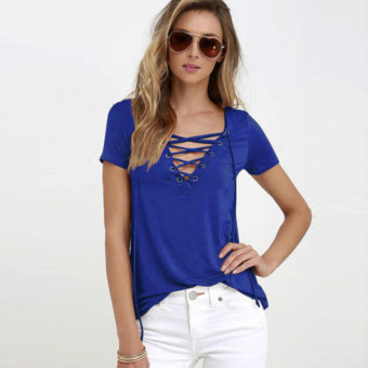 2016 ZANZEA New Fashion Women Blouses Summer Blusas Sexy Bandage Deep V Neck Short Sleeve Strech Shirts Solid Tops Plus Size Blue - Intl  