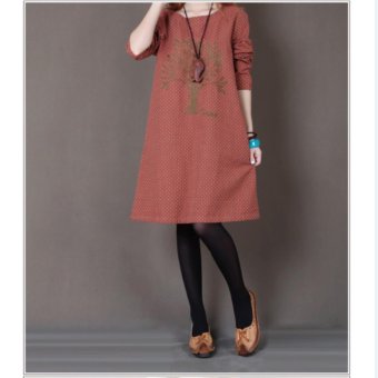 2016New Korean style Top Quality Vestidos Plus Size Vintage Embroidery long sleeve Cotton Dresses Womens Loose Casual Autumn Dress?Brown? - intl  