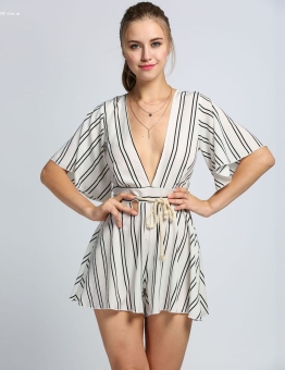 2017 Fashion Sexy Women Deep V-Neck Flare Sleeve Backless Striped Playsuit - intl  