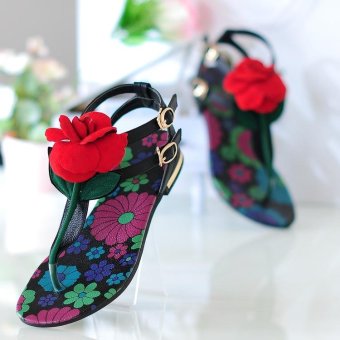 2017 New Printing Folk Style Sandals Female Summer Thong Sandal Leather Buckle Shoes' (Black) - intl  