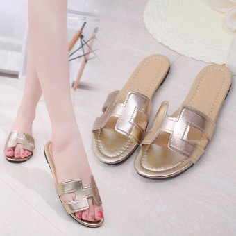 2017 New Women Flat Sandal Anti-slip Beach Shoes Fashion H Letter Shape Slipper Female Summer Sandals Gold XZ315 - intl  