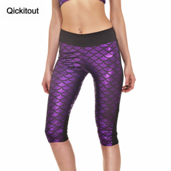 2017 New Women's 7 Point Pants Sexy Mermaid Scales Digital Print Pants Women High Waist Side Pocket Phone Pants L(Purple) - intl  