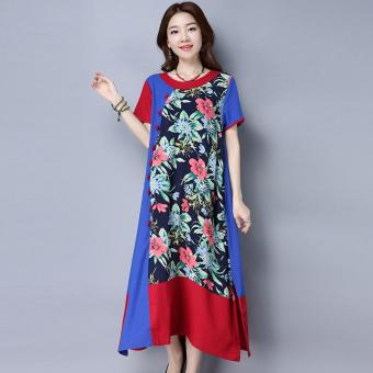 2017 Summer New Women Cotton Linen Vintage Retro Folk Style Plus Size Short-sleeved O-neck Loose Printed Dress Vestidos 0007# - intl  