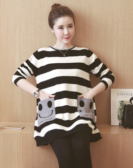 3115# A Line Plus Size Loose Striped Cotton Maternity Shirts Autumn Fashion Cute Clothes for Pregnant Women Maternity Tops-Black - intl  