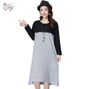 3332# Spring Autumn Plus Size New Women Fashion Long-sleeved O-neck Cotton Linen Loose Striped Dress Casual Dress Vestidos 2017 - intl  