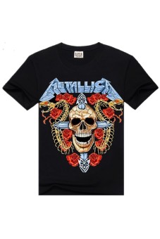 3D Skull Rose Printed Metallica Rock Short Sleeve T-shirt (Black)  