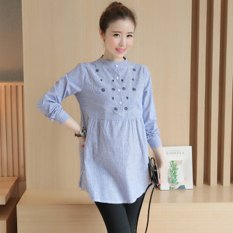 6530# Waist Pleated Embroidery Cotton Maternity Shirt Spring & Autumn Blouse Tops Clothes for Pregnant Women Pregnancy Clothing - intl  