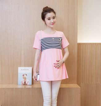 8180# Striped Pleated Patchwork Nursing T Shirts For Maternity Mother Summer Fashion Breastfeeding Tees Tops Feeding Wear(Pink) - intl  