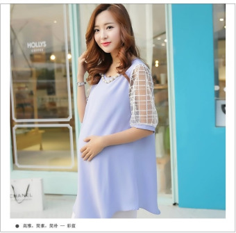 906# Beading O Neck Gauze Sleeve Patchwork Chiffon Maternity Shirts Elegant Summer Pregnancy Tops Clothes for Pregnant Women-Blue - intl  