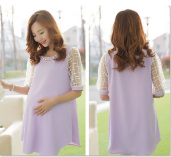906# Beading O Neck Gauze Sleeve Patchwork Chiffon Maternity Shirts Elegant Summer Pregnancy Tops Clothes for Pregnant Women-Purple - intl  