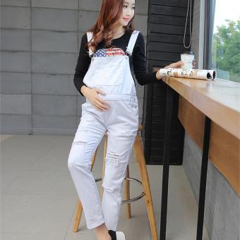 931# White Hole Denim Maternity Bib Jeans Loose Clothes for Pregnant Women Pregnancy Belly Overalls Jumpsuits Rompers Trousers - intl  