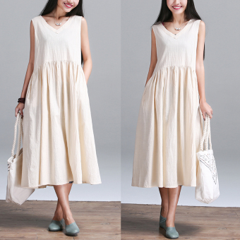 958# Summer V Neck Loose Cotton Linen Sleeveless Maternity Dress Plus Size Loose Pleated Waist Clothes for Pregnant Women-Beige - intl  