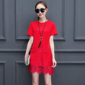 AB HANFENG_R New 2017 Spring and Summer Women's Short-sleeved Lace Stitching Dress (Red) - intl  