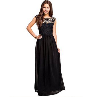 Acecharming Women Formal Long Lace Chiffon Backless Summer Evening Party Bridesmaid Dance Wedding Maxi Dress (Black)  