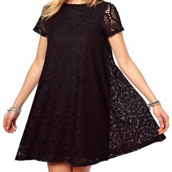 Acecharming Women Hollow Lace Crochet Short Sleeve Floral Party Mini Swing Dress Shirt Tops (Black)  