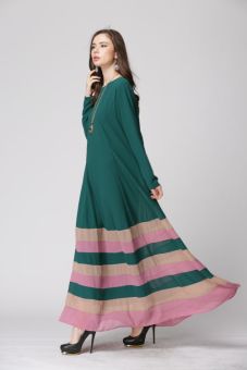 AGAPEON Abaya Long Sleeves Muslim Wear Chiffon Maxi Dress With Colorful Stripes(Green) - intl  