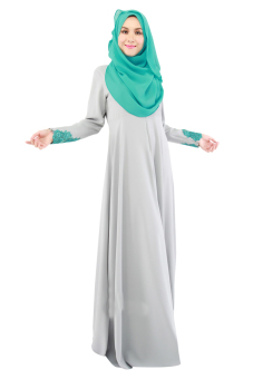 AGAPEON Abaya Long Sleeves Muslim Wear Chiffon Maxi Dress With Cuff Lace(Grey) - intl  