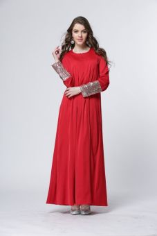 AGAPEON Abaya Long Sleeves Muslim Wear Chiffon Maxi Dress With Sequins (Red) - intl  