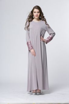 AGAPEON Abaya Long Sleeves Muslim Wear Chiffon Maxi Dress With Sequins (Grey) - intl  