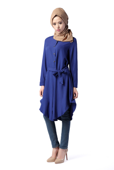 AGAPEON Muslim Wear Long-sleeve Blouse Loose-fit Outerwear With Belt Blue - intl  