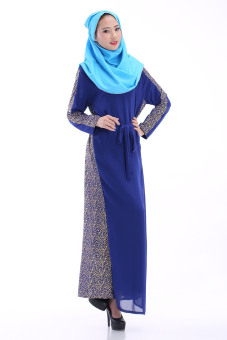 Agapeon New Fashion Muslim Abaya Long-Sleeve Chiffon Maxi Dress Jubahs Golden Printing Blue  